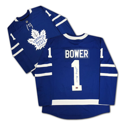 Johnny Bower - chandail bleu des Maple Leafs de Toronto autographié - souvenirs de hockey de la LNH signés (taille L ou XL)