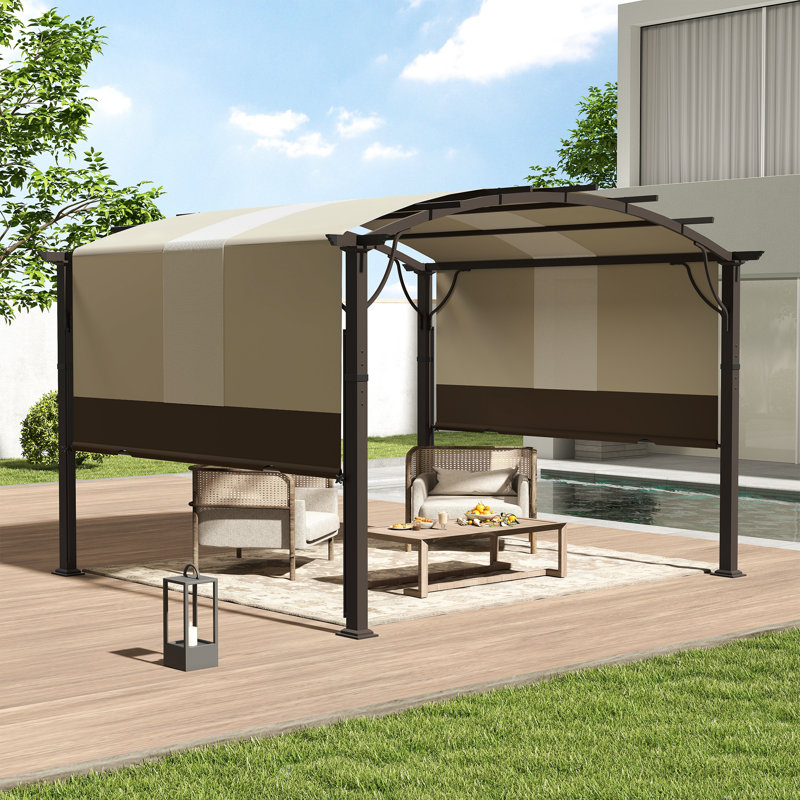 Pergola en aluminium avec auvent, Auvent brun / cadre brun, H 89,80 po x l 118,10 po x P 118,10 po
