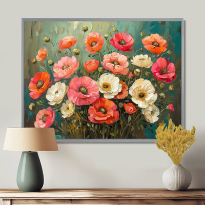 Rose blanc, coquelicots, bouquet radieux - coquelicots, art mural