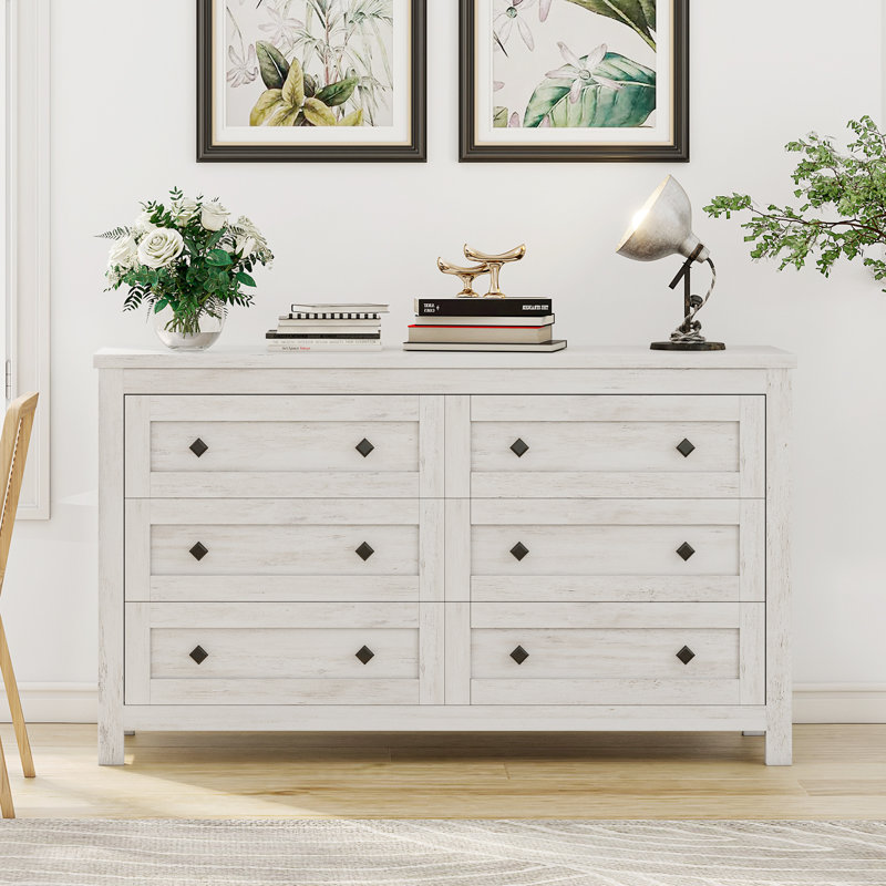 Dezia Farmhouse 6 Drawers Dresser, White Birch