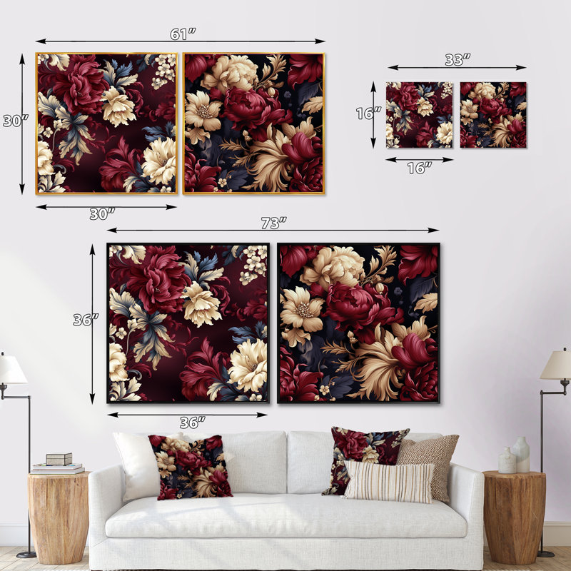 Ellesmere - Ensemble de 2 collages floraux carrés, Toile tendue, H 36 po x l 73 po