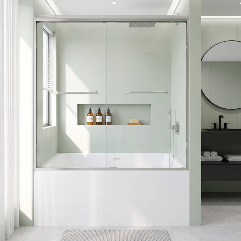60 in. W x 60 in. H Double Sliding Framed Shower Door in Brushed Nickel Finish with 5/16 Inch Thick Clear Tempered Glass and Stainless Steel Handle