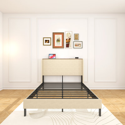Lit plateforme double, cadre de lit en métal avec station de charge, aucun sommier tapissier requis,