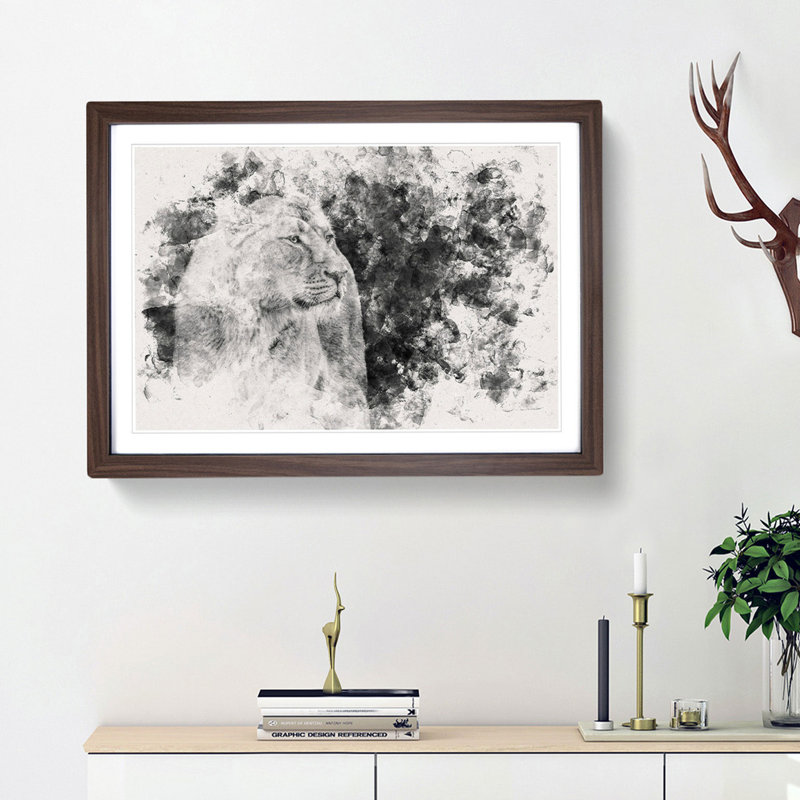 Wild Lioness Watercolour - Framed Print, 35cm H x 50cm W x 2cm D, Walnut