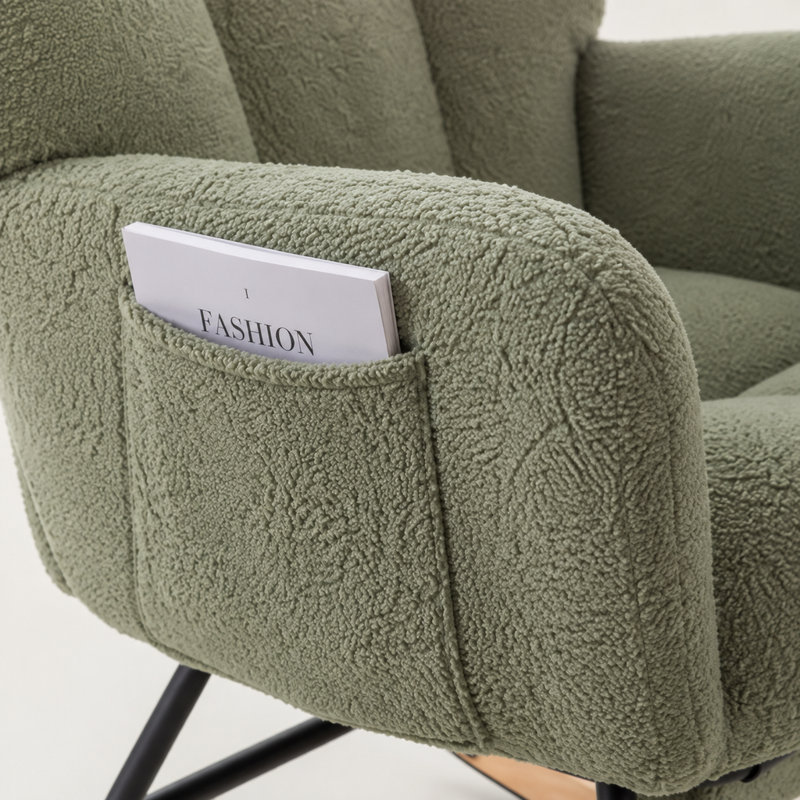 Ensemble chaise berçante et repose-pieds Teddy en tissu vert avec poche de rangement latérale, idéal pour la chambre d'enfant, la chambre à coucher et le salon.