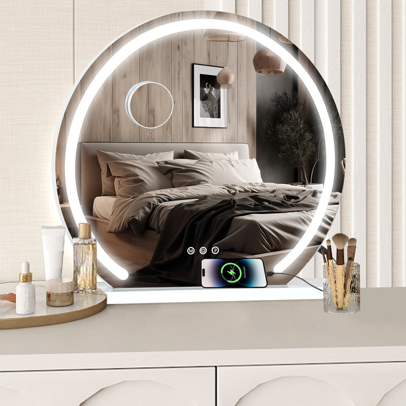 Makeup Mirror with 3 Color Lights, Makeup mirror with Dimmable LED Light Strip, Large Round Mirror, 60 cm H x 60 cm W