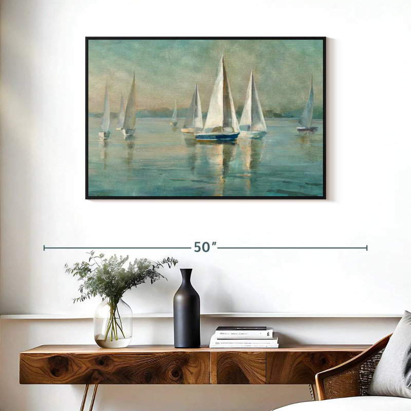 Voiliers au lever du soleil, Cadre flottant noir, 37 po x 25 po