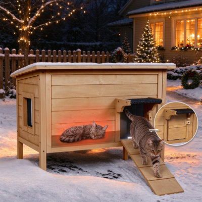 Large Outdoor Cat House  For 2-3 Cats With Partitions, Fold-up Stair, Acrylic Window
