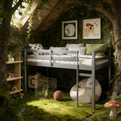 Lit mezzanine bas simple en bois massif avec échelle