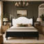 Grand lit plateforme en bois avec tête de lit tapissier, structure noire et tête de lit blanche-533475289