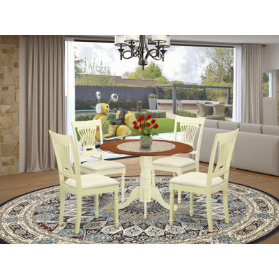 5 Piece Dinette Set for 4 Includes a Round Dining Table with Dropleaf and 4 Linen Fabric Dining Room Chairs, Buttermilk & Cherry