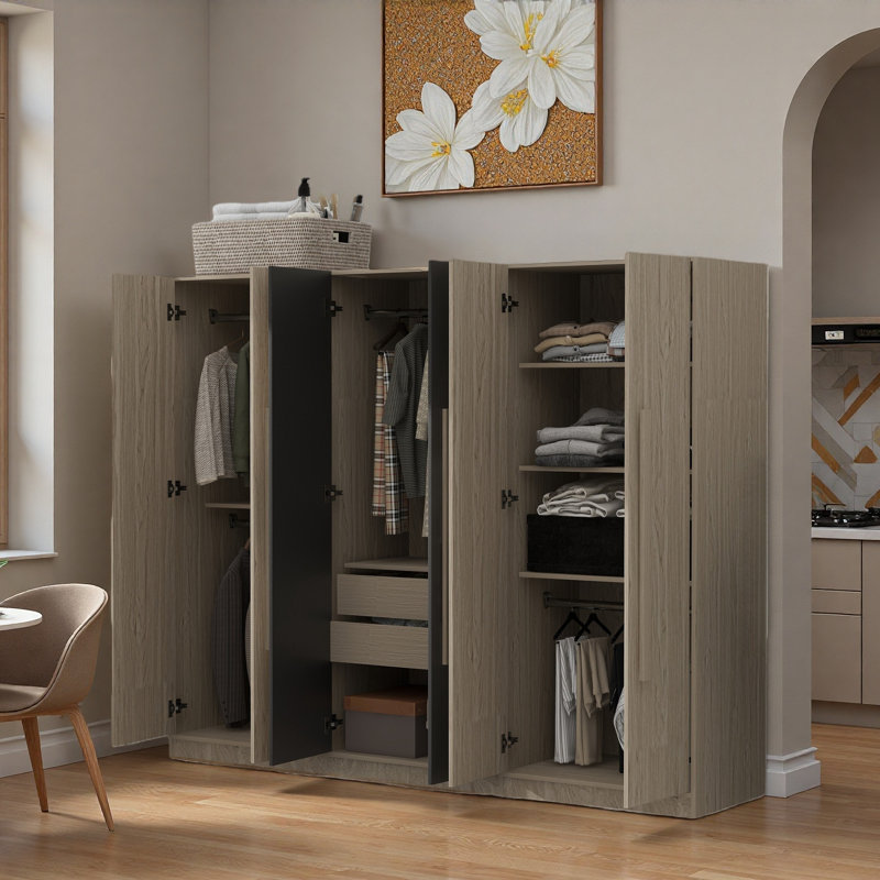 Armoire 6 portes en bois avec deux tiroirs intégrés et tiges suspendues