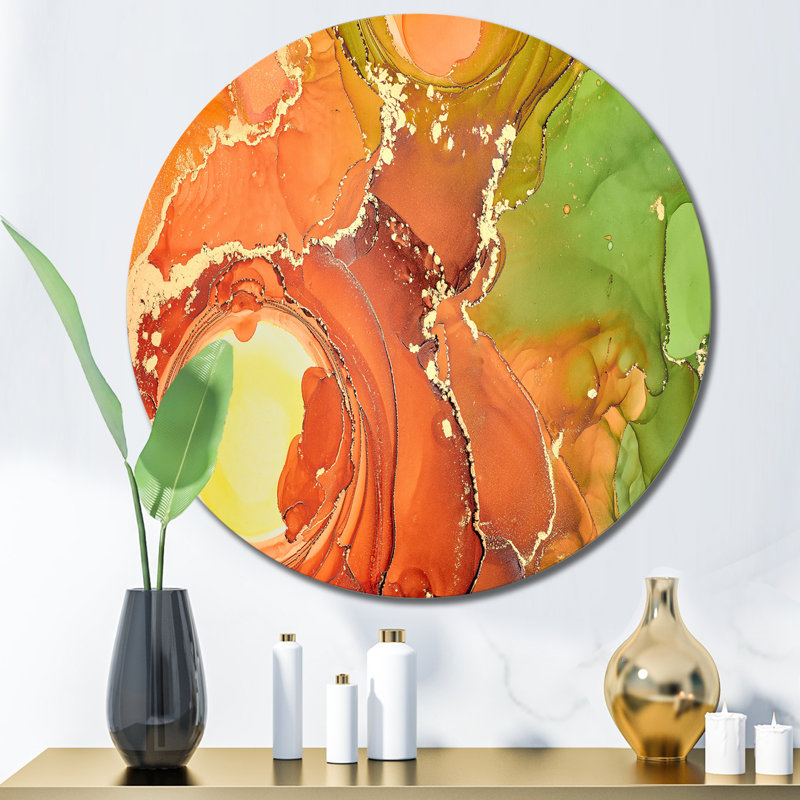 Brun et vert, art abstrait fluide de luxe - cercle moderne en métal, art mural, H 36 po x l 36 po x P 1 po
