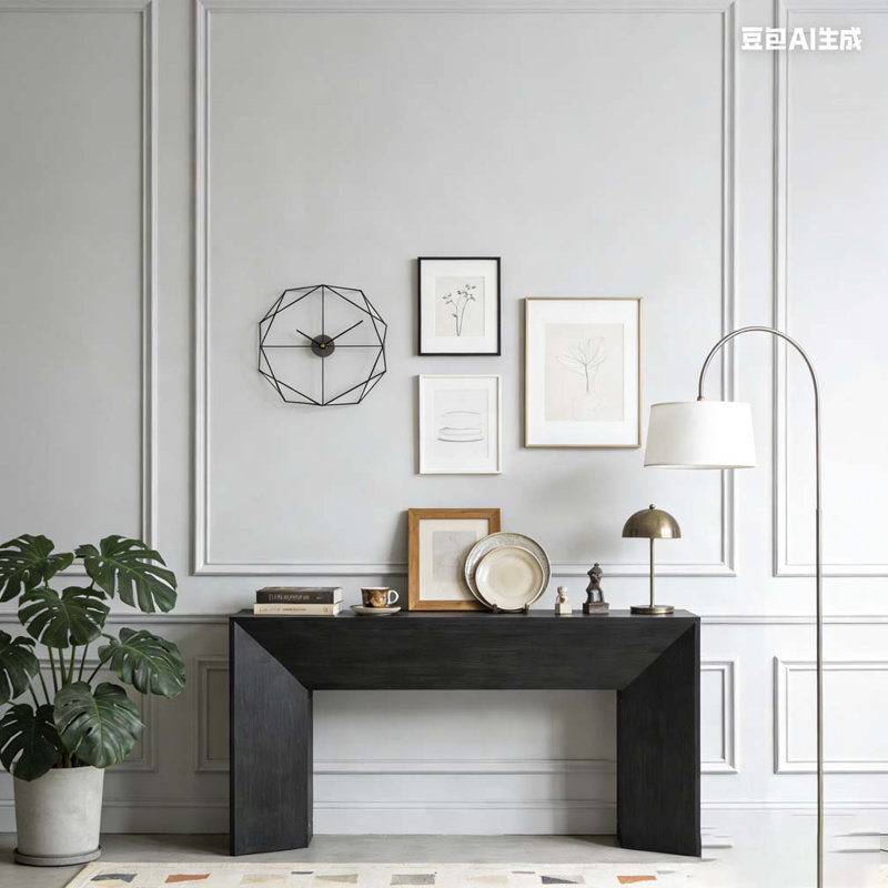 Console en bois avec canapé et couloir