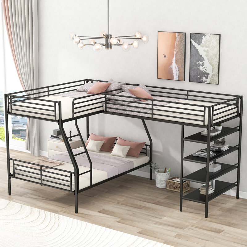Lit superposé en L et lit mezzanine avec quatre tablettes intégrées
