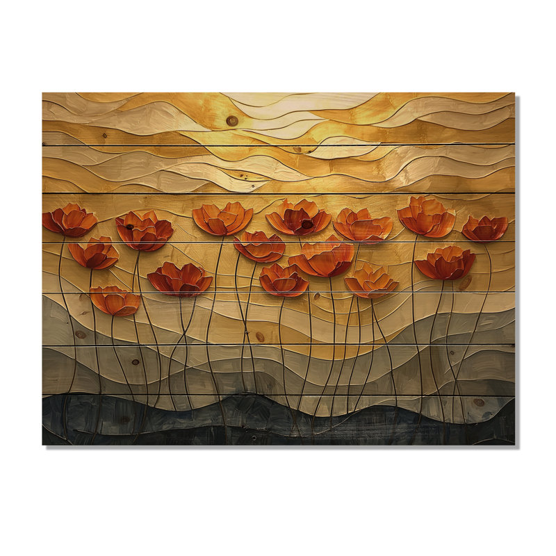 Coucher de soleil sur les vagues de coquelicots I - décoration murale en bois de coquelicots - sur bois de pin naturel