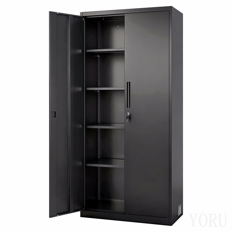 Armoire de rangement en métal, armoire de garage verrouillable en acier de 68,9 po avec 4 tablettes réglables, 2 portes magnétiques, 2 clés, 5 outils de rangement pour garde-manger, entrepôt, sous-sol, buanderie, bureau, noir