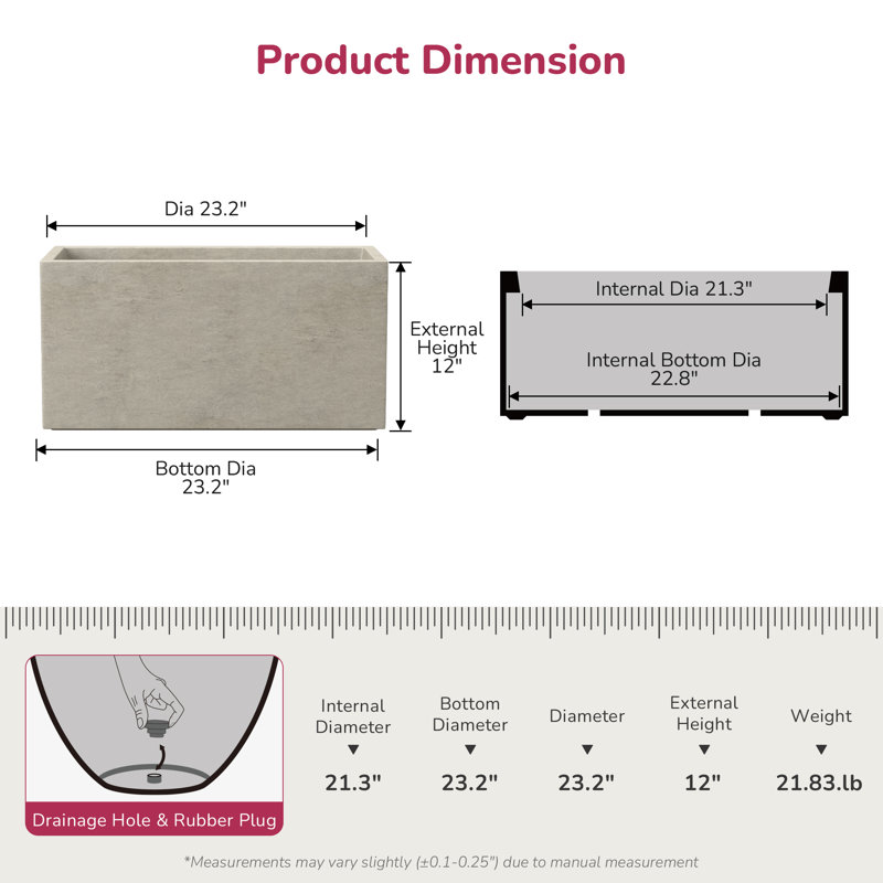 23 Inch Rectangle Concrete Planter, Ideal For Succulents & Houseplants, Warm Gray, Warm Gray