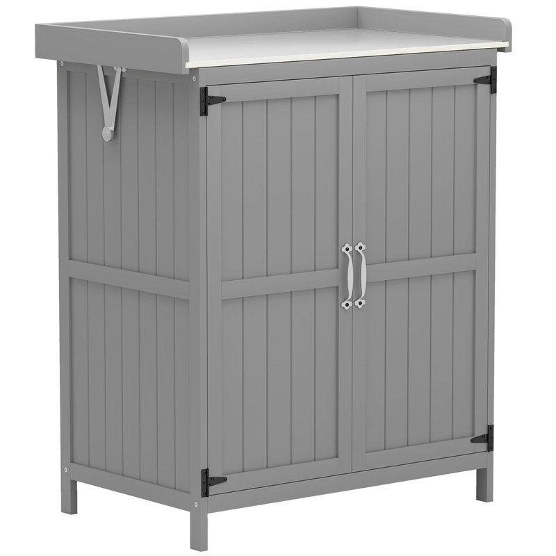 Wooden Outdoor Storage Cabinet 74cm W x 43cm D x 88cm H with Hinged Roof, Double Doors and Shelf in Grey - Small Garden Tool Shed with Stainless Steel Worktop