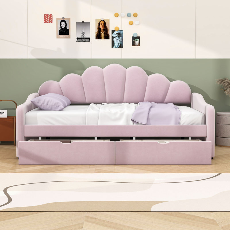 2 Drawers Full Upholstered Daybed with Shell-Shaped Backrest and Center Legs, Rose