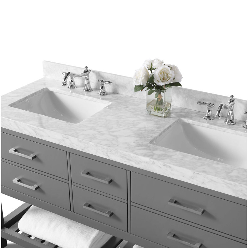 Elizabeth 60'' W Double Vanity, Sapphire Gray/Brushed Nickel, Carrara White Marble