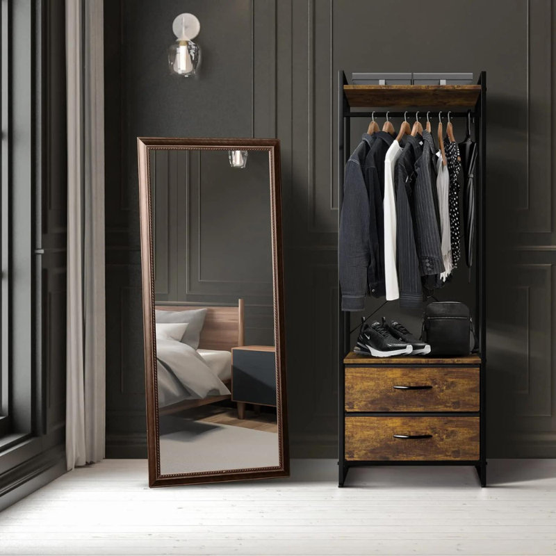 Portable Black Steel and Wood Garment Rack with Drawers