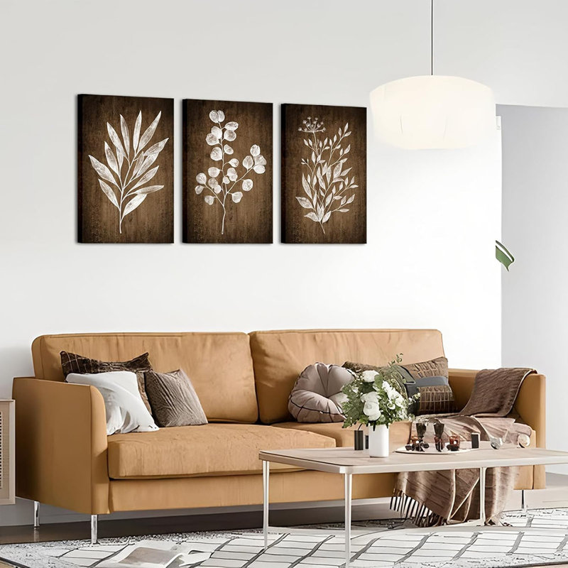 Botanical Painting Rustic Botanical Wall Art Canvas Minimalist White Leaf Plant Artwork Prints, 60 cm H x 40 cm W, Brown