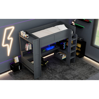 Lit mezzanine simple en bois avec bureau, multi, DEL, charge, multi zones gris foncé, prise de charge