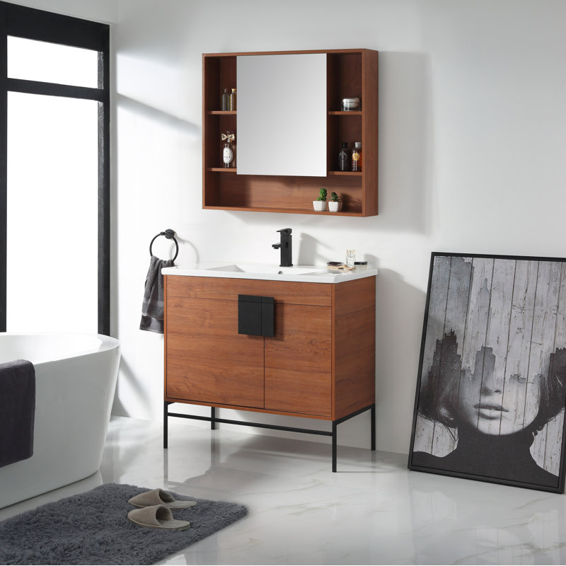 Maisie 34'' W 30'' H Surface Framed Medicine Cabinet Mirror 7 Fixed, Walnut