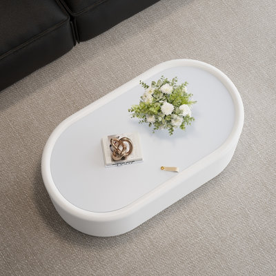 Table basse de rangement ovale cachée 33,46 po - Plateau en verre trempé certifié 3C et table basse de rangement rembourrée en cuir de qualité supérieure pour salon
