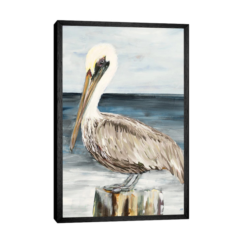 Muted Perched Pelican by Julie Derice - Painting on Canvas, 101.6cm H x 66.04cm W x 3.81cm D, Black Framed