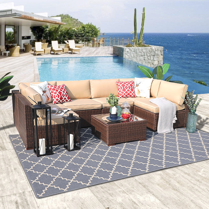 Algarin Wicker 6 - Person Modular Patio Conversation Set with Cushions, Beige Cushion/Brown Frame