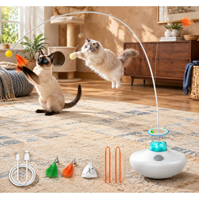 Un mécanisme automatique rechargeable alimente ce jouet d'intérieur pour chat en plumes mobiles, qui utilise une base vacillante en plumes volantes, une baguette en plumes très longues et une queue de bricolage.