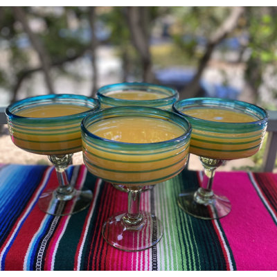Mexican Hand Blown Glass â€“ Set Of 4 Hand Blown Margarita Glasses (16 Oz) With Aqua Spiral Design