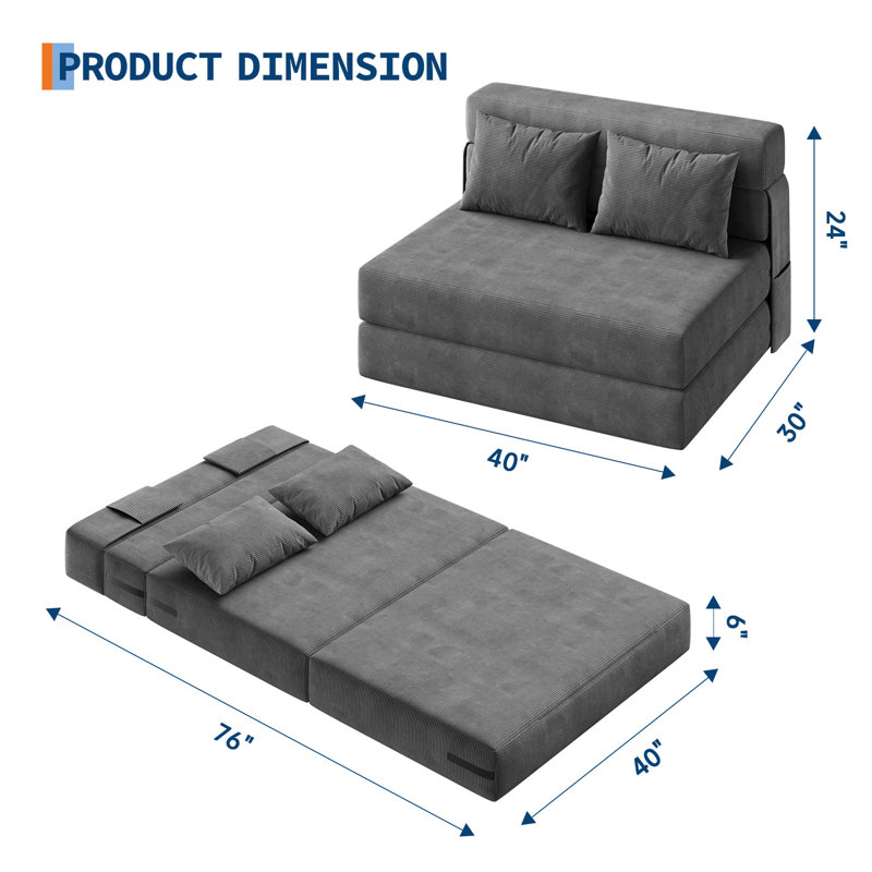 Canapé-lit pliant, canapé-lit convertible 4-en-1 avec coussin, futon simple avec support pour le dos