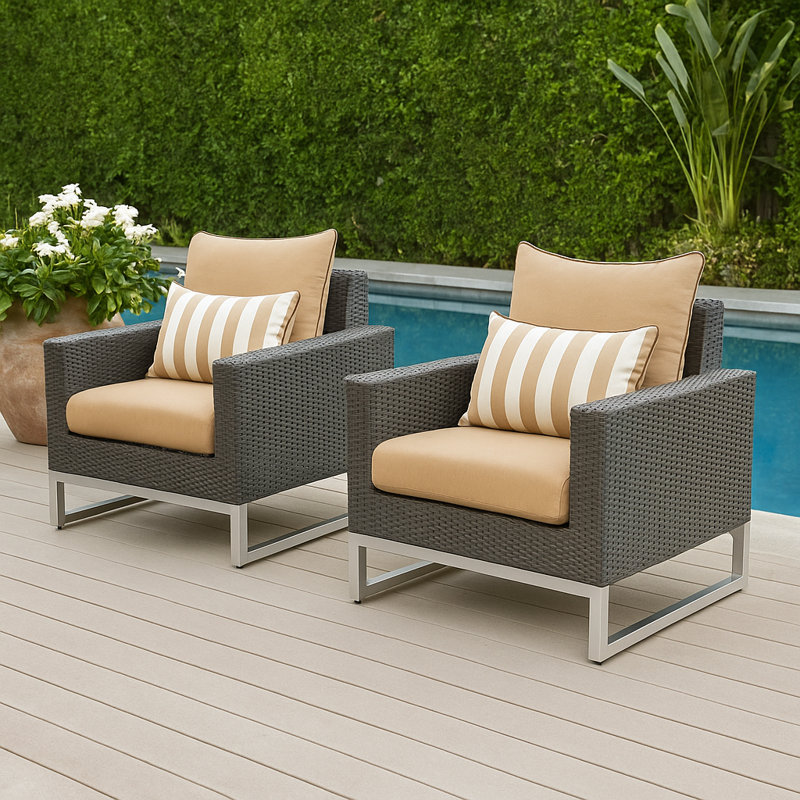 Sameko 2Pc Sunbrella Outdoor Club Chairs, Brown, Beige 