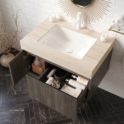 Meuble-lavabo flottant de 30 po avec lavabo en céramique blanc encastré, armoire de rangement murale en contreplaqué avec tiroir et portes en espresso, plateau en pierre frittée Roma Travertine avec 1 trou de robinet pré-percé, pré-assemblé