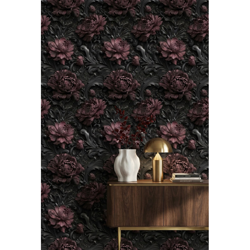 Papier peint floral, décoration murale luxueuse foncée, Non tissé, non collé