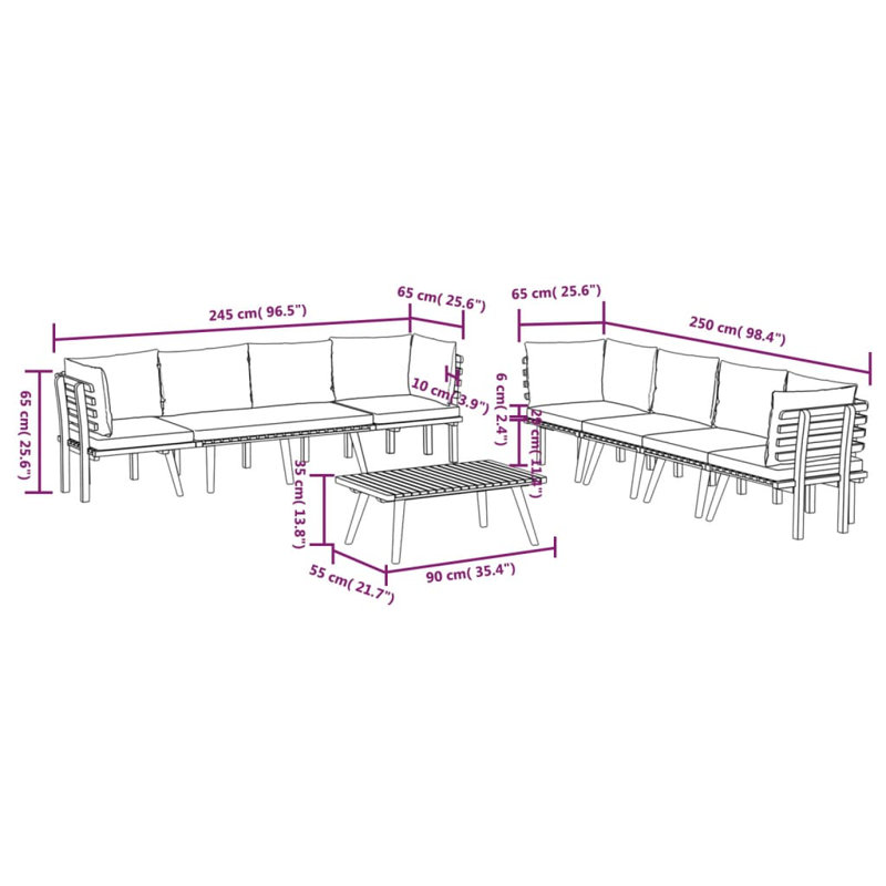 Chaise longue avec coussins 4 pièces Damita, 8 pièces: 4 d'angle, 2 centrales, banc, table
