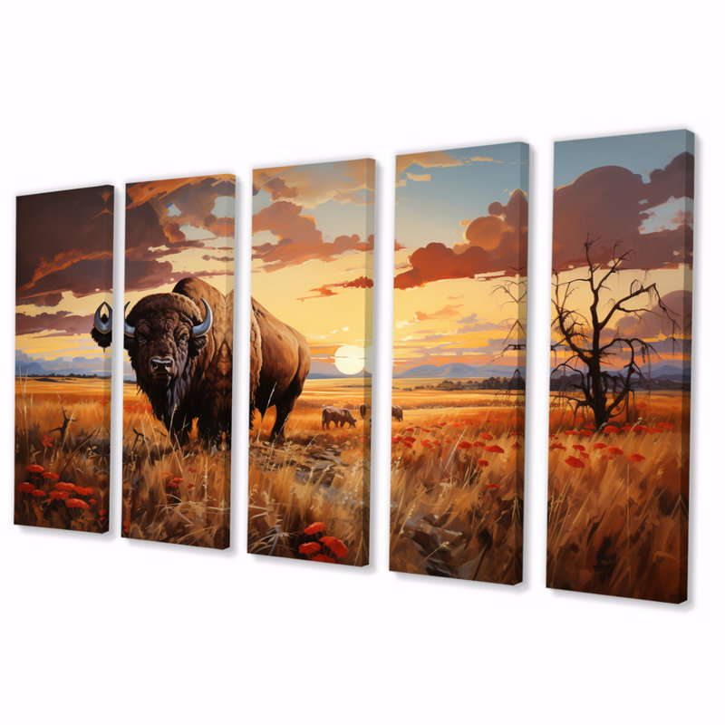 Art amérindien Bison Prairies I sur toile, reproduction de 5 pièces