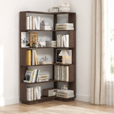 Bibliothèque de coin autoportante en forme de L, bibliothèque en bois à 5 niveaux de 64,56 pouces de hauteur avec tablettes ouvertes, quincaillerie anti-basculement, panneaux anti-chute et rebords arrondis pour le salon, la chambre à coucher, le couloir ou le bureau à domicile