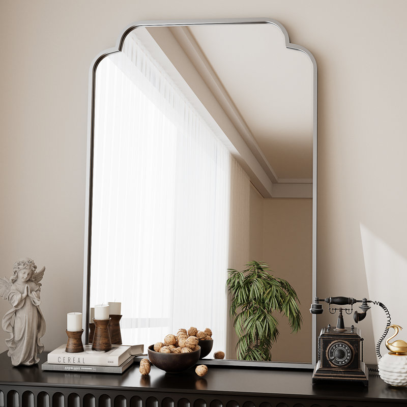 Symmetrical Aluminum Alloy Frame Wall Mirror For Bathroom And Home Decor, Silver, 36" x 24"