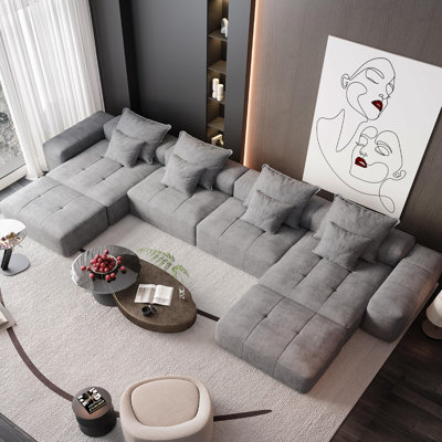 Modern Oversized Modular Sectional Sofa,Sparkling Chenille Fabric Soft Cushion Sofa With 8 Pillows,8 PCS DIY Combination Tufted Sofa,No Assembly Required,GREY