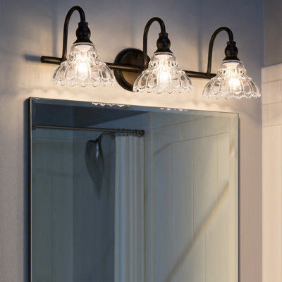 24"W 3-Light Bathroom Vanity Lighting in Matte Black with Clear Scalloped Glass Shades