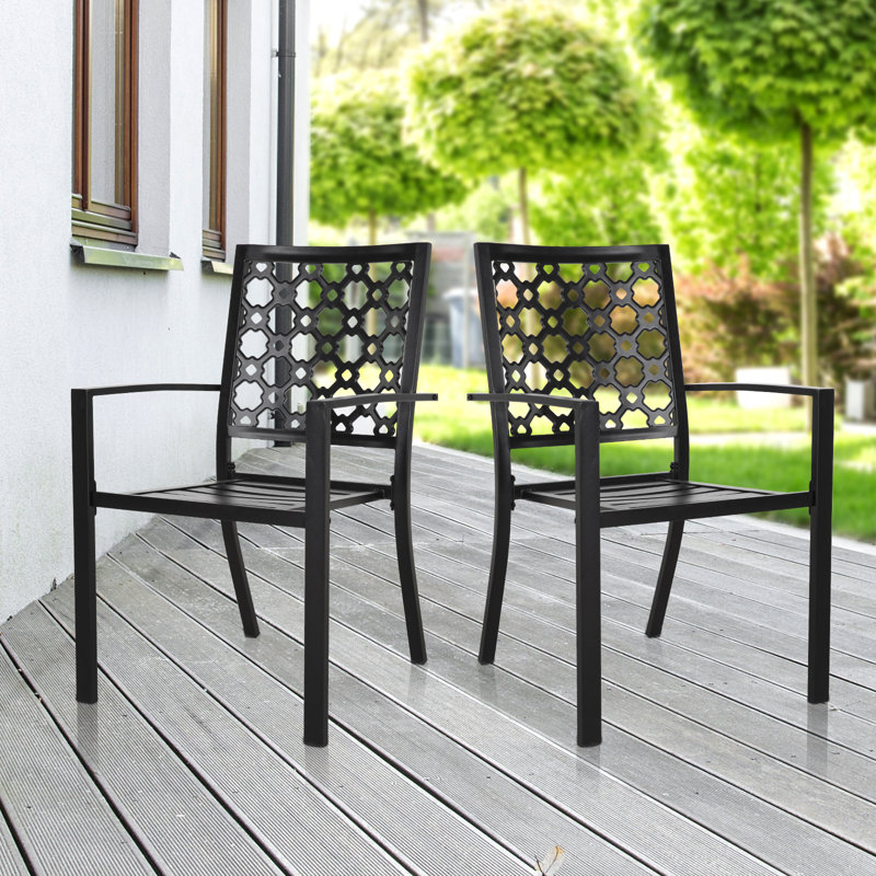 Ensemble de 2 chaises de patio d'extérieur robustes en métal noir de 450 lb avec accoudoirs empilables, robustes, durables pour le porche, la cour, la terrasse et l'extérieur