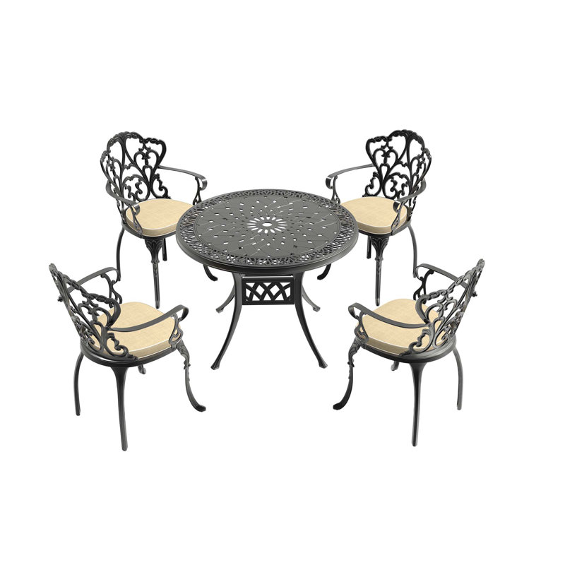 Ensemble de 5 pièces de mobilier de patio en aluminium coulé avec coussins, ensemble de salle à manger classique