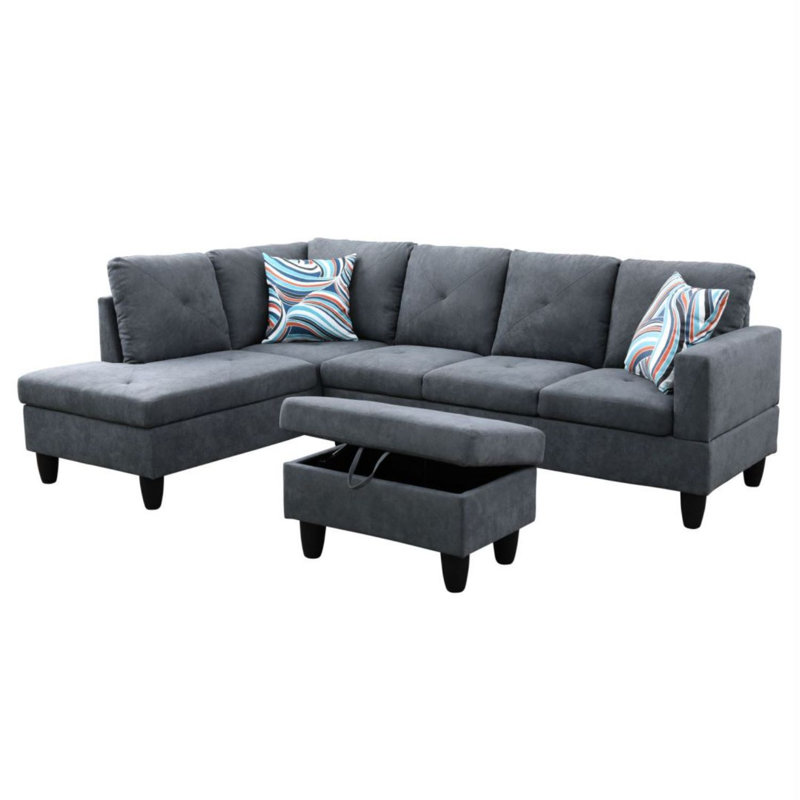 Canapé modulaire en L 3 pièces pour salon Manol, Accoudoir à droite (vu de face), Mélange de polyester gris foncé