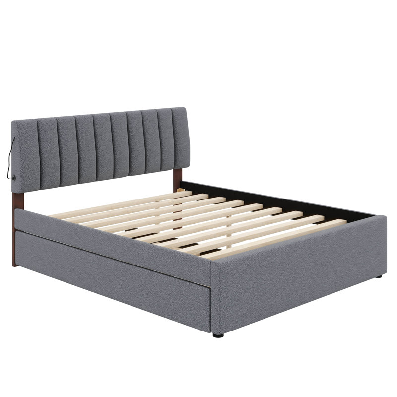 Lit plateforme tapissier Teddy, Gris, Grand lit