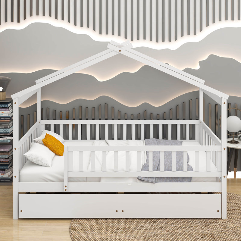 Lit en bois avec deux tiroirs, Double, Blanc