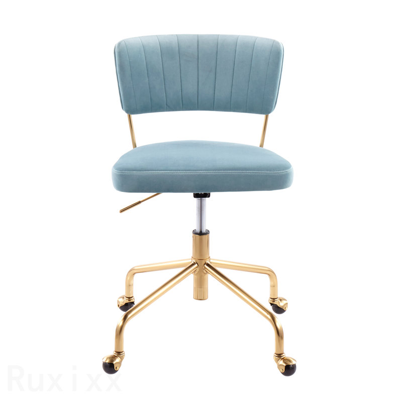 Chaise de bureau contemporaine en métal doré et velours bleu clair, Bleu